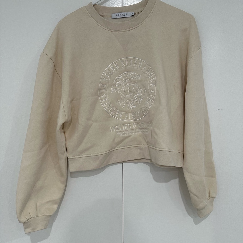 Beige Embroidered Crewneck Sweater